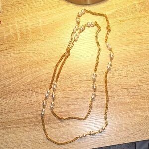 Elegant Gold Tone  and Pearl Layered Necklace